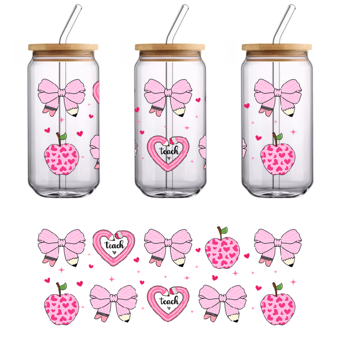 a patterned green shirt with hearts and pink apples and bows on it.UV Transfers