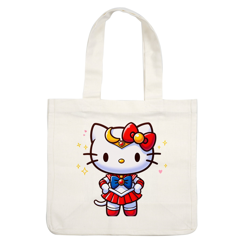 Un diseño de personaje encantador que presenta a Hello Kitty vestida como una niña mágica, completa con un atuendo rojo y azul y acentos brillantes. Transferencias DTF