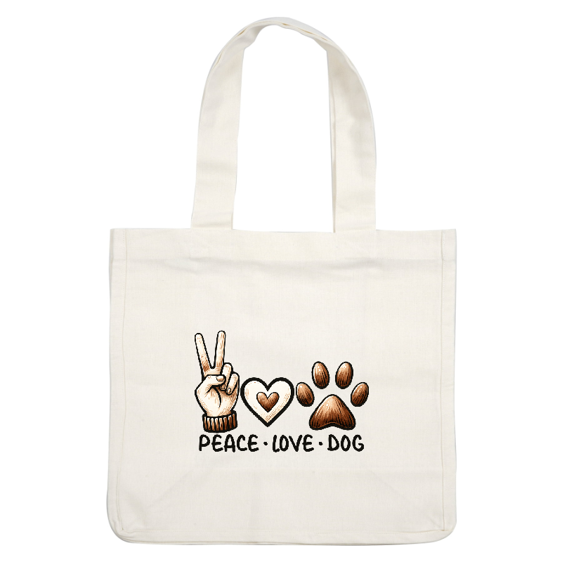 A graphic showing a peace hand sign, heart, and dog paw print.DTF Transfers