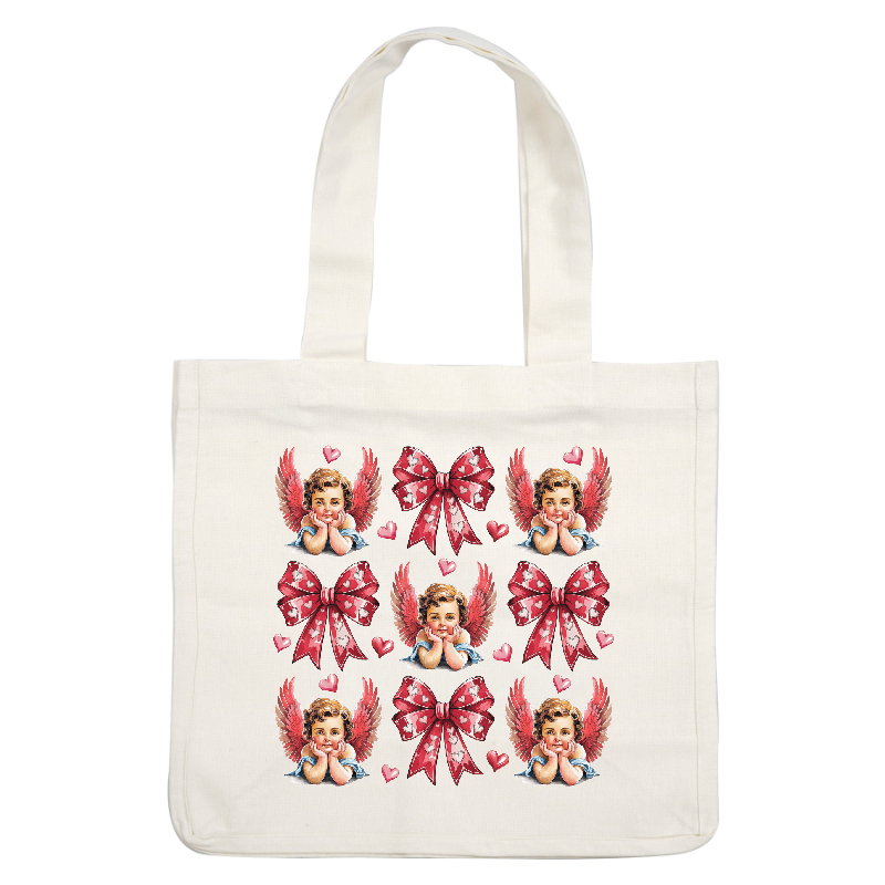 This whimsical pattern features cherubs with pink wings and large bows adorned with hearts, perfect for a romantic theme.DTF Transfers