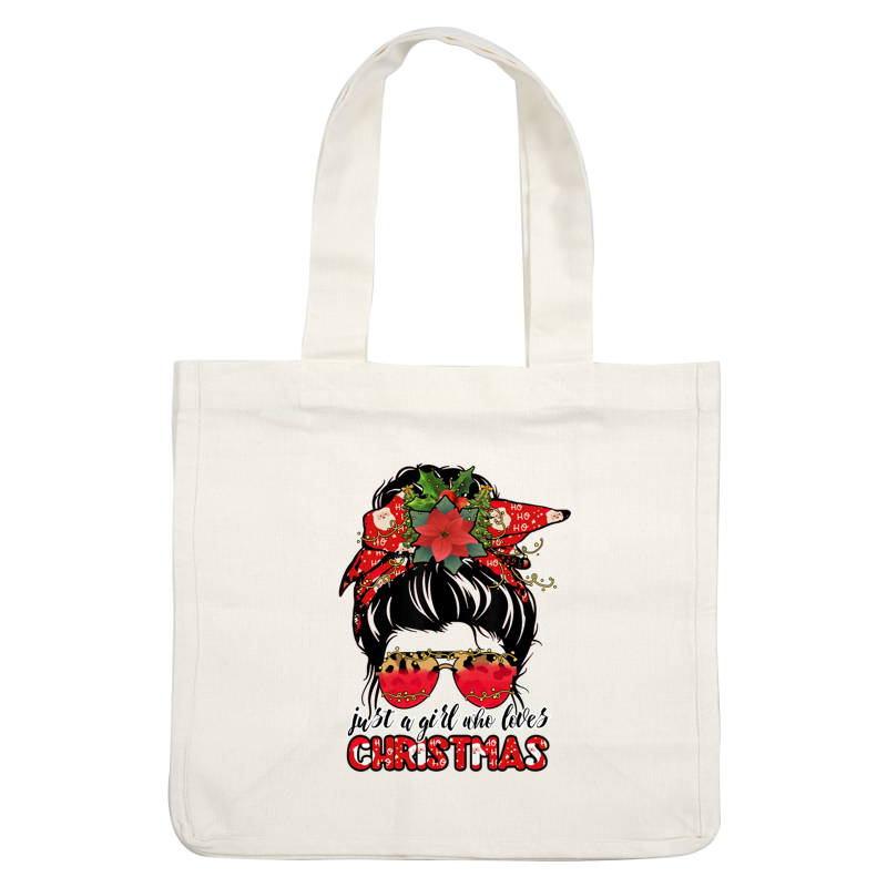 Una ilustración festiva que presenta a una niña con accesorios navideños, gafas de sol y el texto "solo una chica que ama la Navidad".