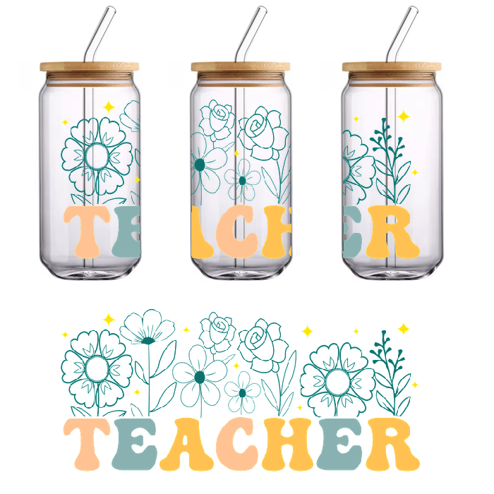 Embroidery pattern featuring the word "teacher" in blue, yellow, and green floral designs.UV Transfers