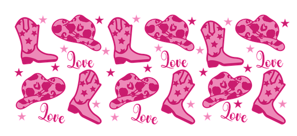 Un patrón divertido que presenta botas de vaquero rosas, sombreros en forma de corazón y la palabra "Amor" con detalles de estrellas. Transferencias UV