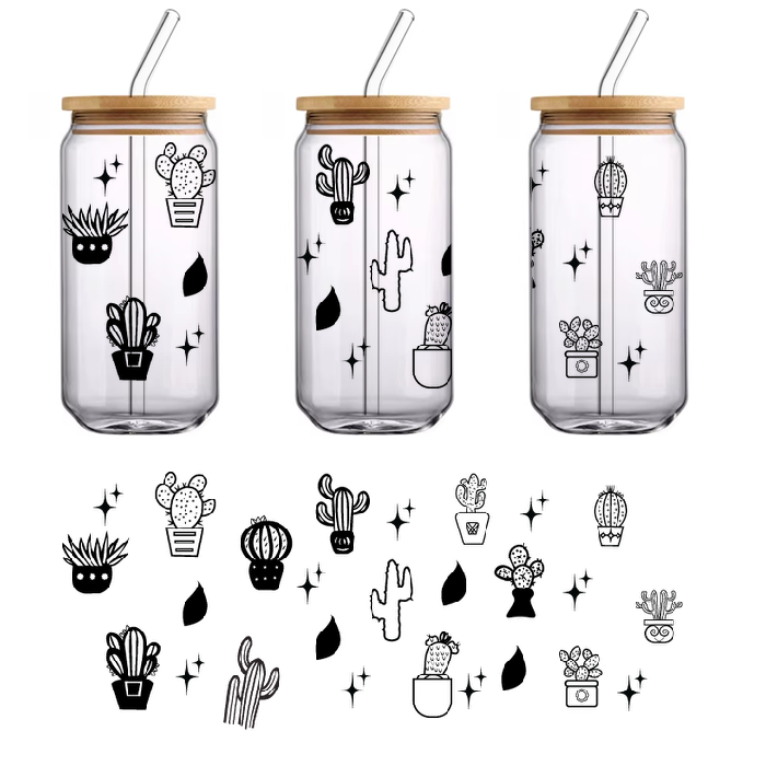 Black and white cacti in black pots arranged on a green background.UV Transfers