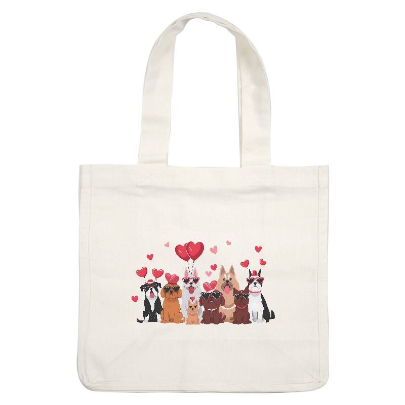 Cute dogs wearing heart-shaped sunglasses surrounded by hearts.DTF Transfers