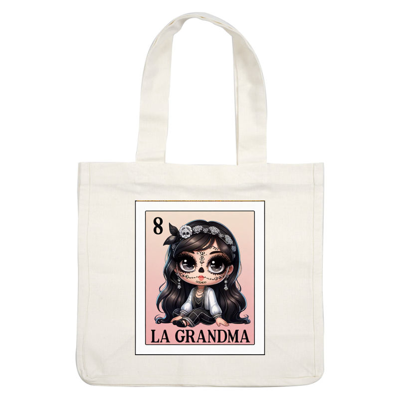 This illustration features a cute character named "La Grandma," adorned with traditional Día de los Muertos face paint and stylish attire.