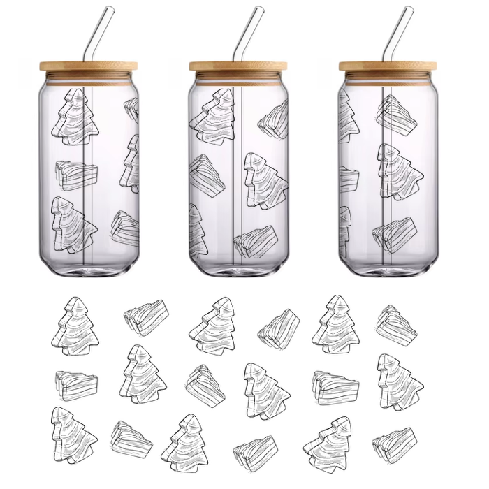 Un patrón caprichoso que presenta árboles de Navidad dibujados a mano rodeados de remolinos divertidos, perfecto para diseños y decoraciones festivas. Transferencias UV