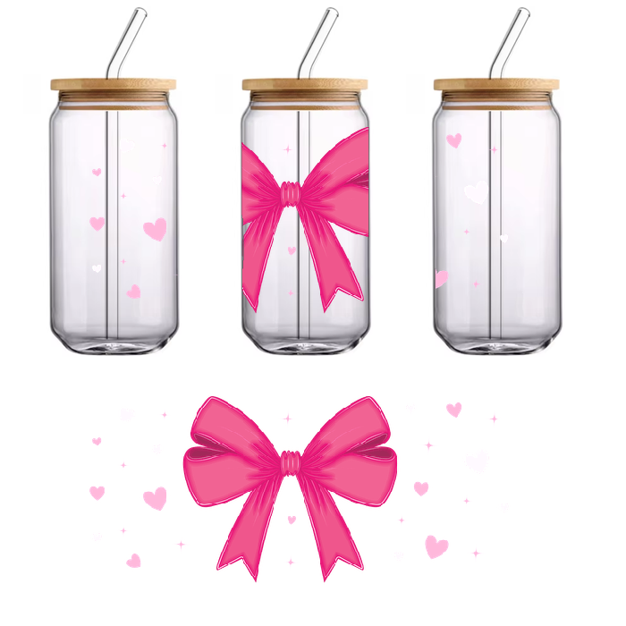 A pink bow with pink hearts and glitter stars around it.UV Transfers