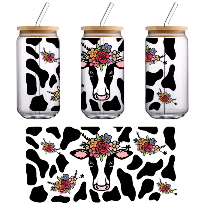 A charming illustration of a cow adorned with a floral crown and flowers.UV Transfers