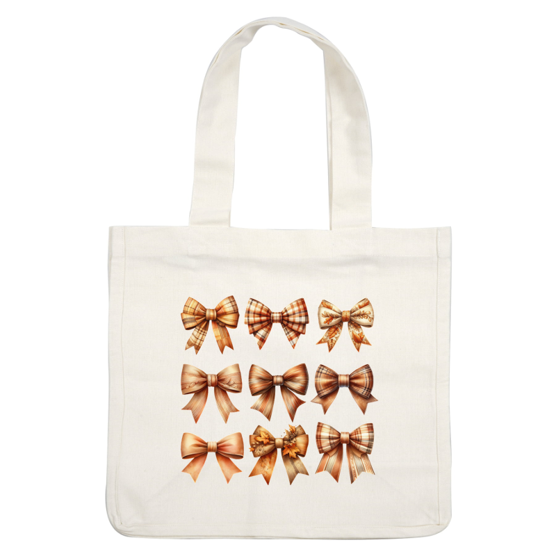 A collection of ten beautifully crafted decorative bows in warm autumn colors, featuring various patterns and textures.dtf regular iron