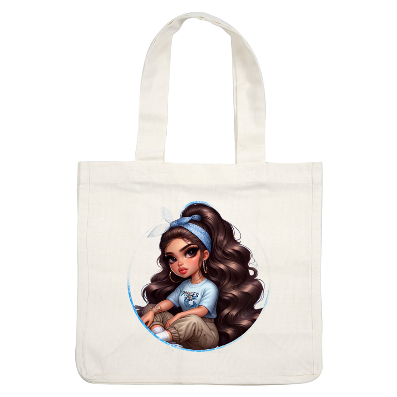 A stylish character with long, wavy hair, wearing a light blue T-shirt, cargo pants, and a patterned headband.dtf regular iron