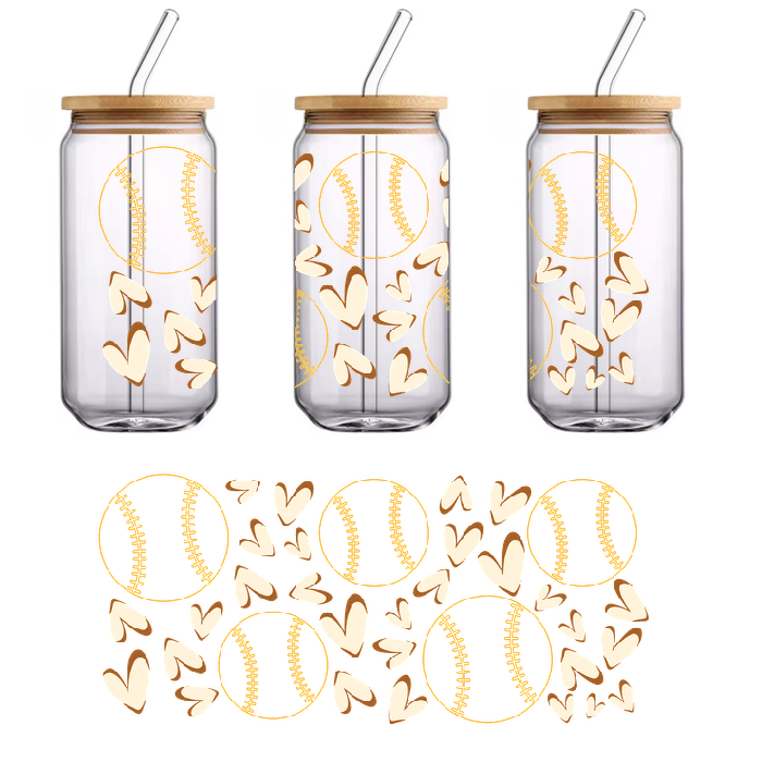 a patterned tapestry features baseball silhouettes and hearts.UV Transfers