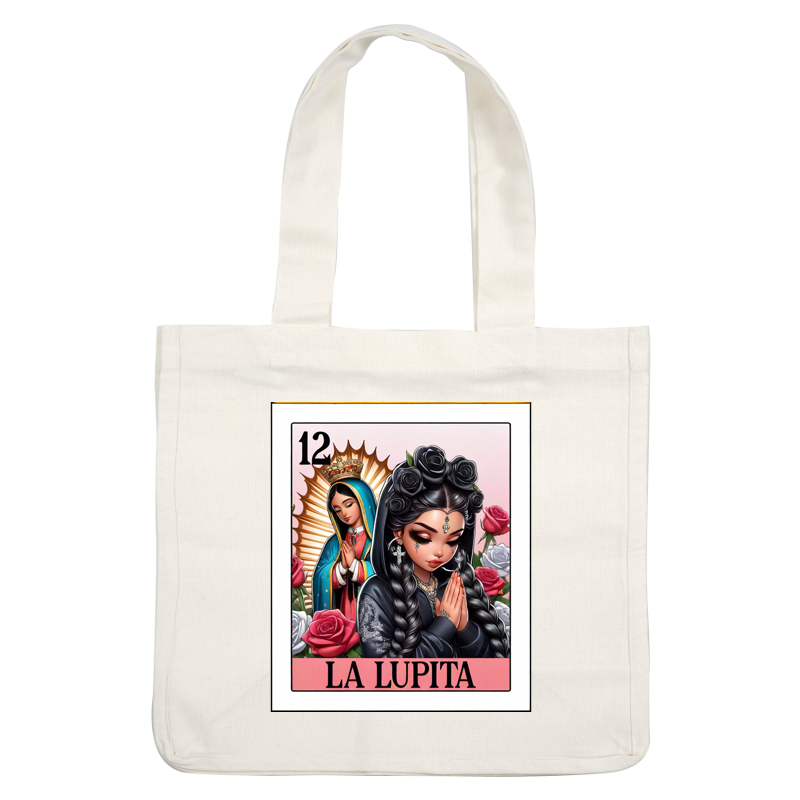 A vibrant illustration of "La Lupita," showcasing a woman in black with braids and roses, alongside a figure of devotion.dtf regular iron