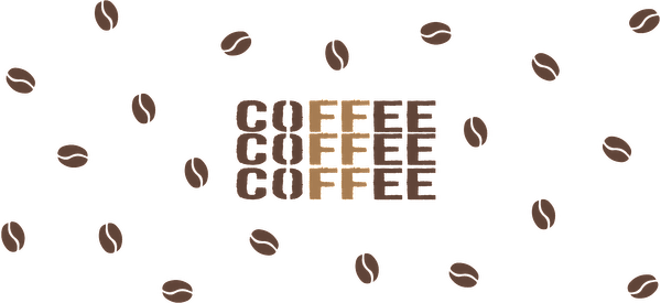 Un diseño alegre que presenta la palabra "CAFÉ" en varios colores, rodeada de granos de café dispersos. Transferencias UV