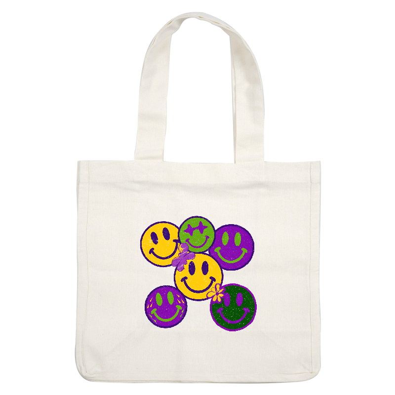 A colorful arrangement of smiley faces in yellow, green, and purple, featuring playful designs and charming decorative elements.DTF Transfers