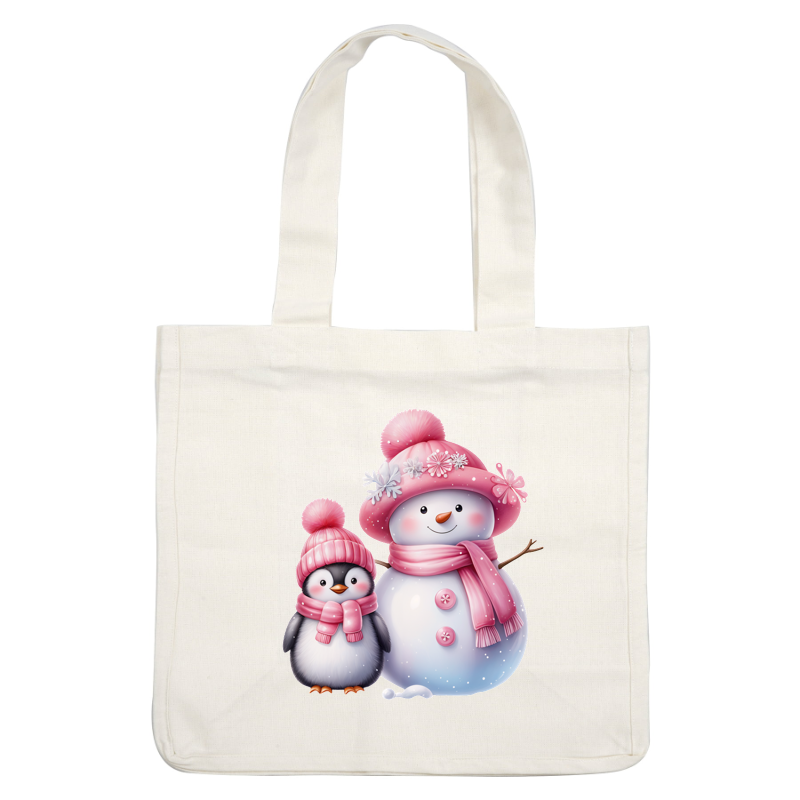 ¡Adorable dúo de pingüino y muñeco de nieve, ambos vestidos con acogedores gorros y bufandas rosas, que aportan alegría festiva al invierno!