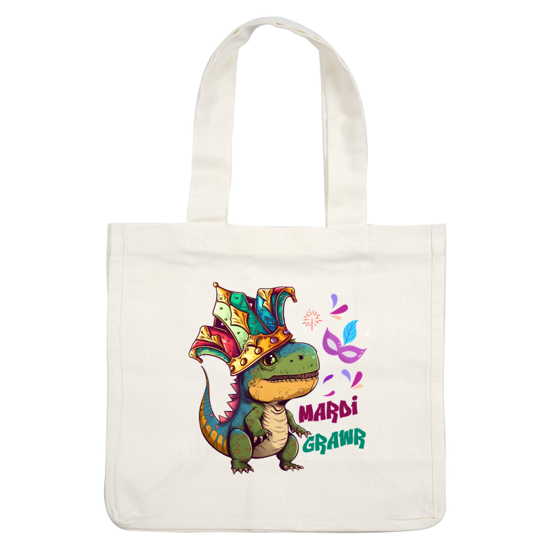 A festive cartoon dinosaur wearing a colorful Mardi Gras crown, surrounded by playful decorations and vibrant text.DTF Transfers