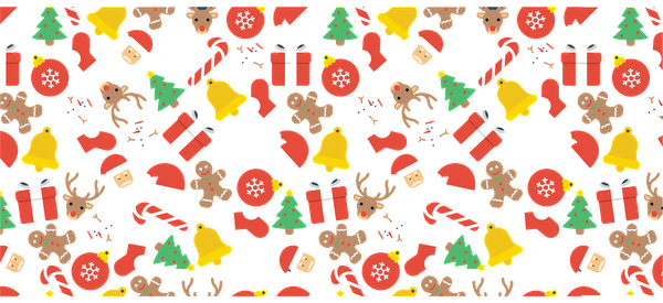 A festive pattern featuring Santa hats, Christmas trees, gifts, candy canes, and gingerbread cookies, perfect for holiday cheer!UV Transfers dtf transfers
