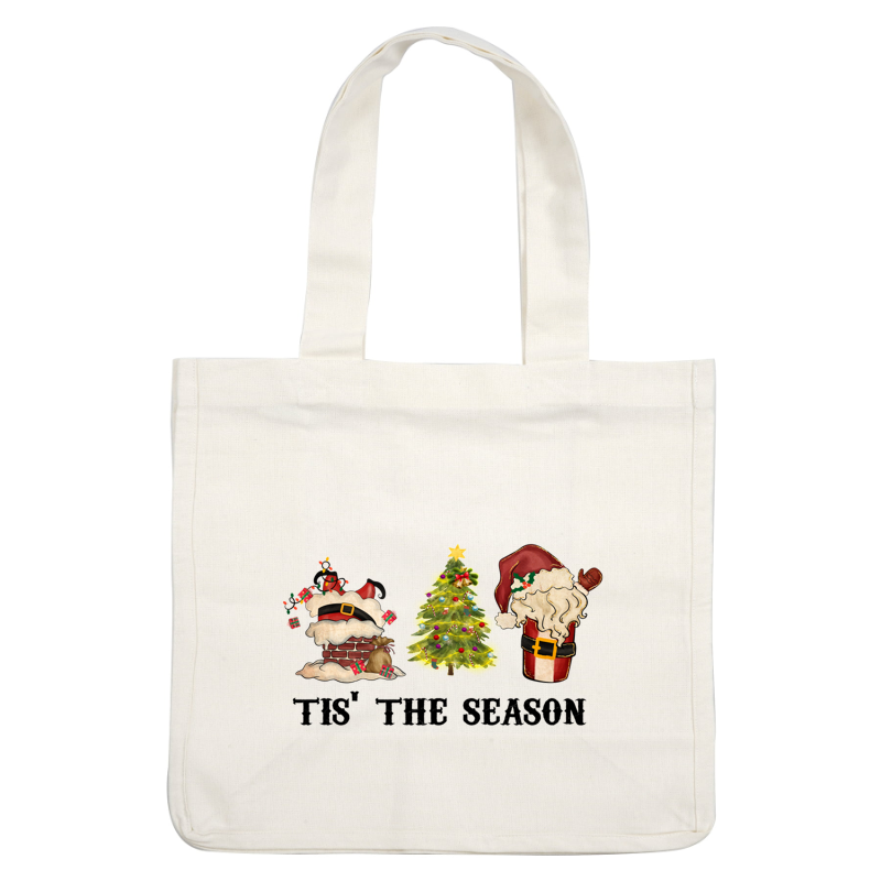 Una escena navideña caprichosa con Papá Noel en una chimenea, un árbol de Navidad decorado y la cara alegre de Papá Noel.