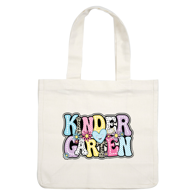 A colorful and playful "KINDERGARTEN" design featuring cheerful typography, flowers, and a smiling heart, perfect for children's education!DTF Transfers