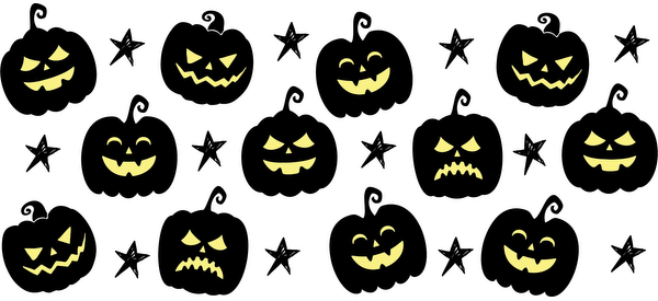 Una divertida variedad de caras de calabazas amarillas con temática de Halloween sobre un fondo oscuro, con diversas expresiones, desde espeluznantes hasta alegres. Transferencias UV