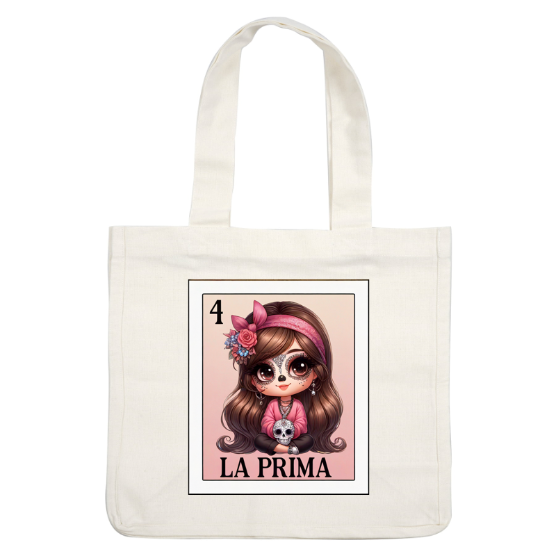 A charming illustration of a girl with a sugar skull makeup, adorned with flowers, holding a skull and wearing a pink outfit. heat press transfers