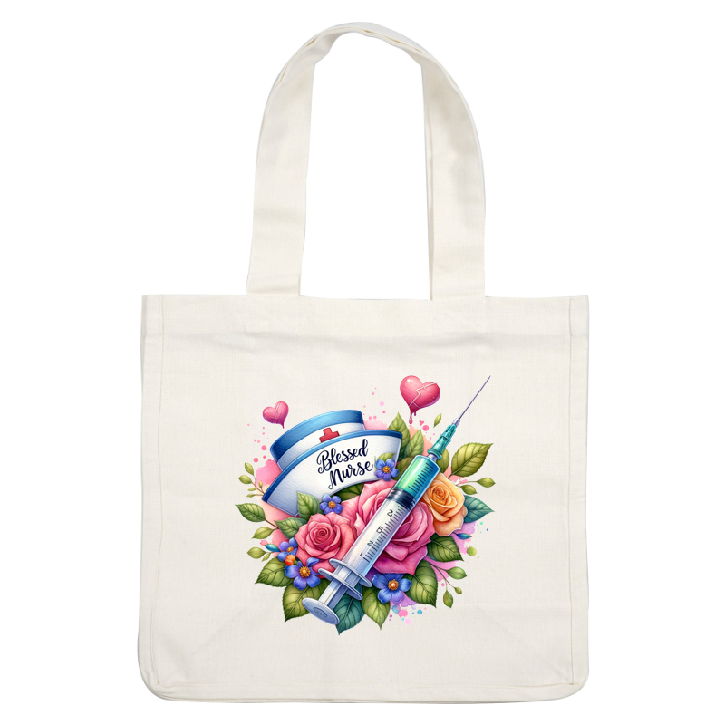 A vibrant illustration featuring a syringe and a nurse's cap adorned with roses, celebrating the theme "Blessed Nurse."DTF Transfers