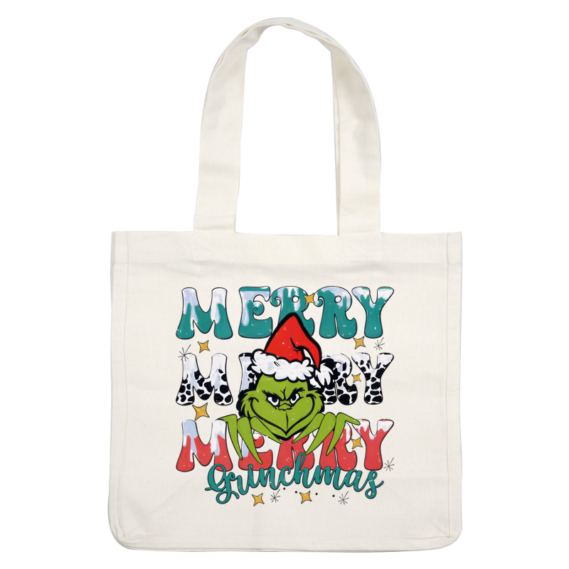 Celebrate the holidays with this playful "Merry Grinchmas" design featuring a mischievous Grinch in a festive Santa hat!DTF Transfersdtf regular iron