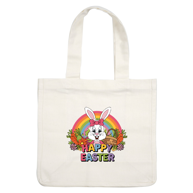 Celebrate Easter with this cheerful cartoon bunny, surrounded by colorful flowers, a basket of carrots, and a vibrant rainbow!DTF Transfers