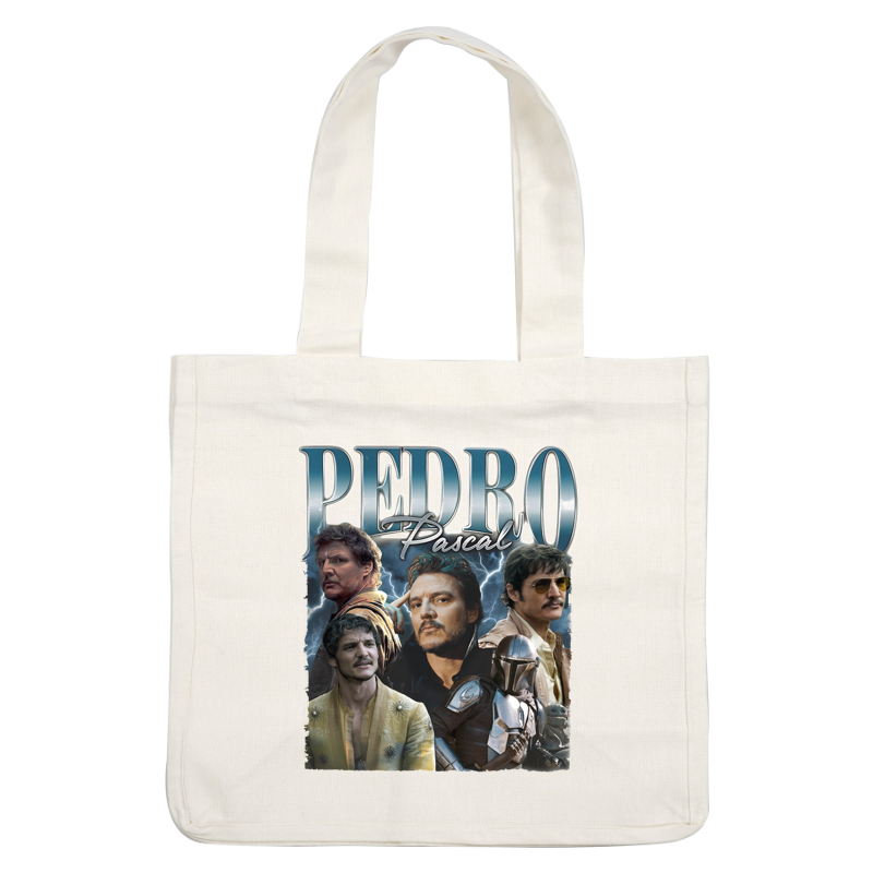 Un collage vibrante que presenta a Pedro Pascal en varios papeles icónicos, mostrando su versatilidad como actor con expresiones y estilos dinámicos. Transferencias DTF