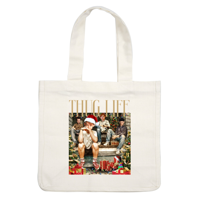 A festive holiday-themed image featuring a group of friends sitting on stairs, surrounded by decorations and colorful presents, with a playful "Thug Life" caption.DTF Transfersdtf regular iron dtf prints