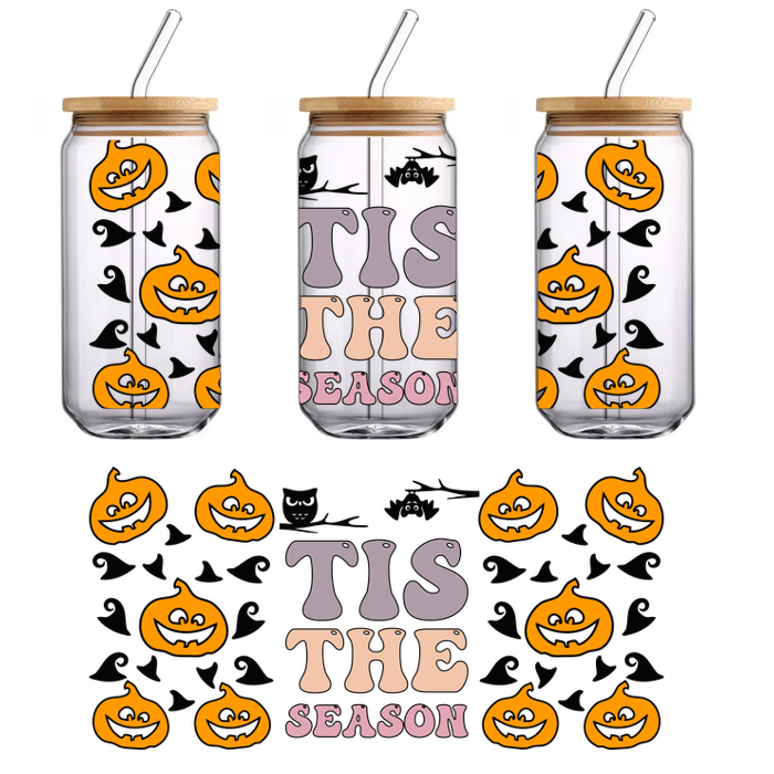 Un gráfico extravagante con temática de Halloween que presenta calabazas alegres y un texto divertido que dice "Tis the Season" en colores festivos. Transferencias UV