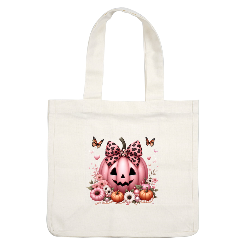 A whimsical pink pumpkin with a leopard print bow is beautifully surrounded by flowers, smaller pumpkins, and butterflies for Halloween. dtf transfers