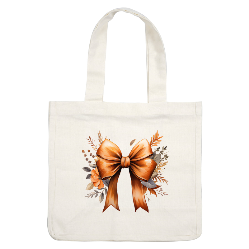 A beautiful orange bow surrounded by delicate flowers and leaves, perfect for adding charm to any gift or decoration. dtf transfers