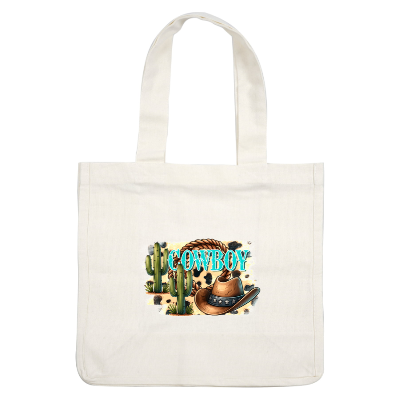 A vibrant cowboy-themed design featuring a classic hat, cacti, and a lasso with bold text saying "COWBOY."dtf regular iron