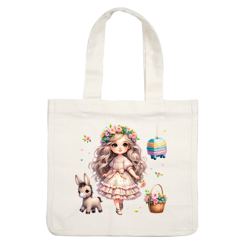 A charming illustration of a girl in a floral dress, surrounded by a cute donkey, a colorful piñata, and a flower basket. dtf transfers