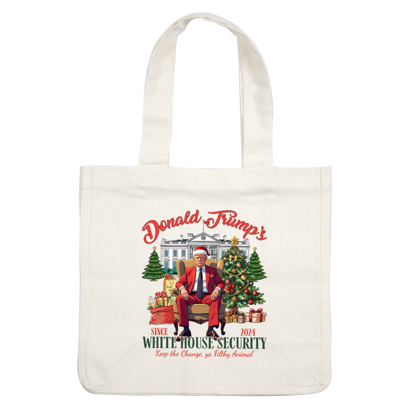 A festive design featuring Trump in a Santa hat and red suit seated in front of the White House, surrounded by Christmas decorations.DTF Transfersdtf regular iron heat press transfers