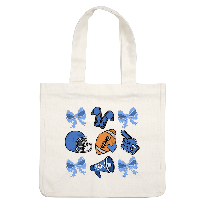 A vibrant collection of football-themed items, including a helmet, football, cheerleading megaphone, and decorative blue bows. heat press transfers