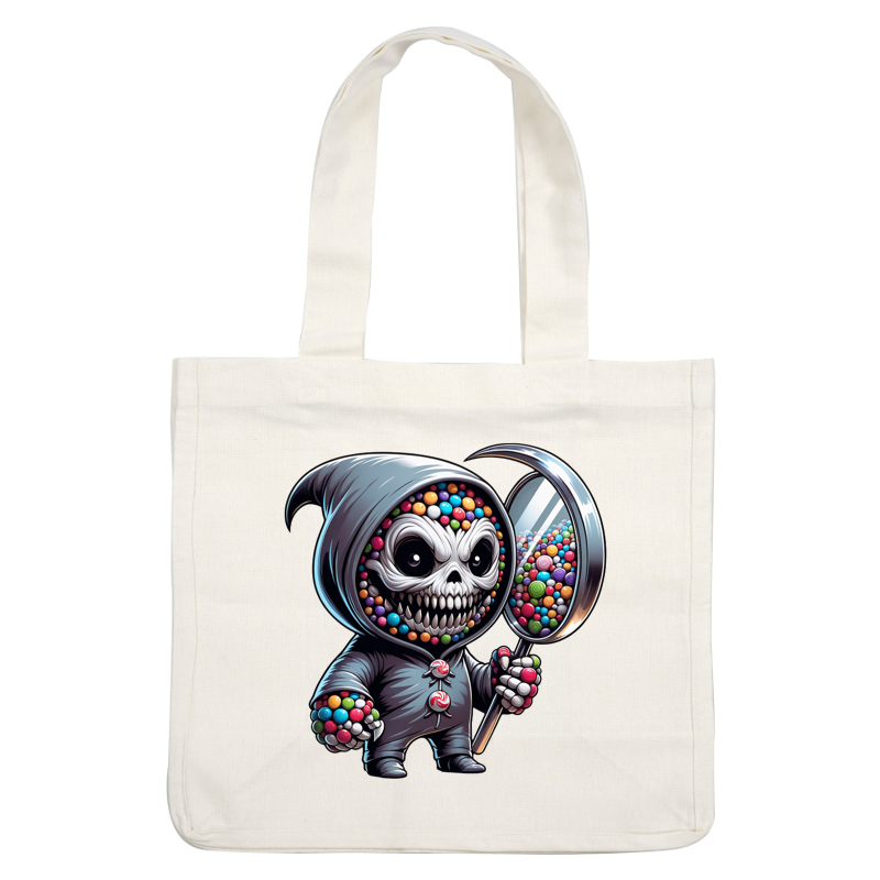 Un personaje caprichoso y colorido que se parece a un esqueleto con una capa con capucha y que sostiene una lupa llena de caramelos.