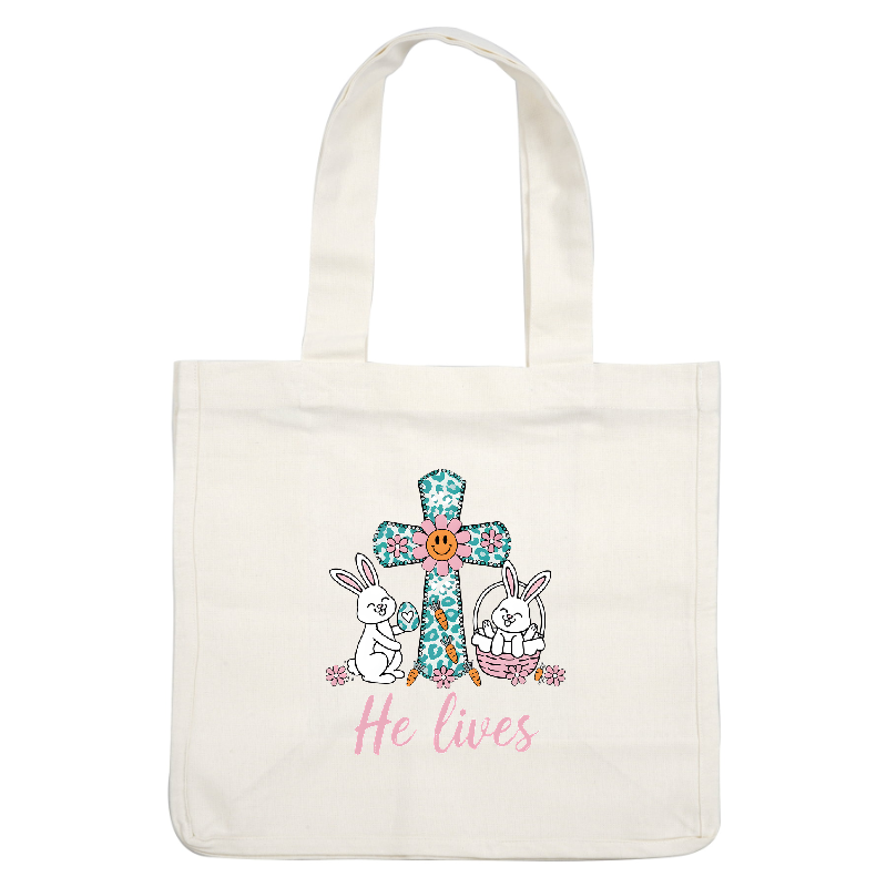 A cheerful Easter-themed design featuring cute bunnies, a colorful cross, and the uplifting phrase "He lives," perfect for spring celebrations.DTF Transfers