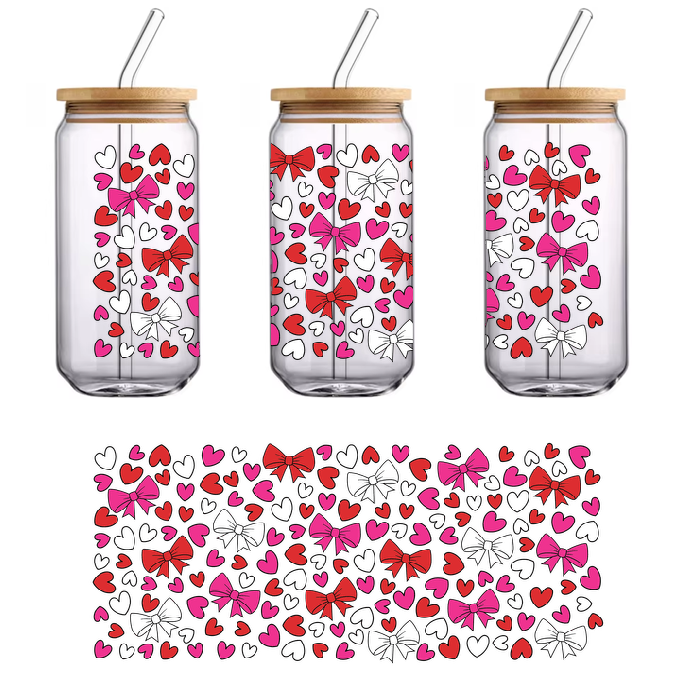 A whimsical mix of hearts and bows create a fun, colorful pattern.UV Transfers