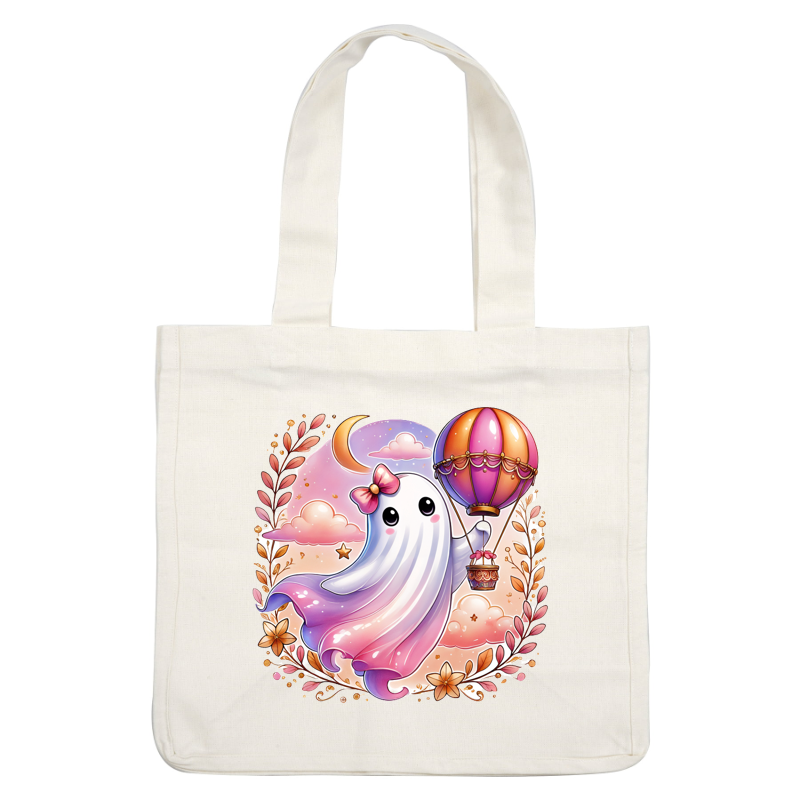 A whimsical ghost character with a bow, joyfully holding a hot air balloon amidst a dreamy pastel sky and flowers. heat press transfers
