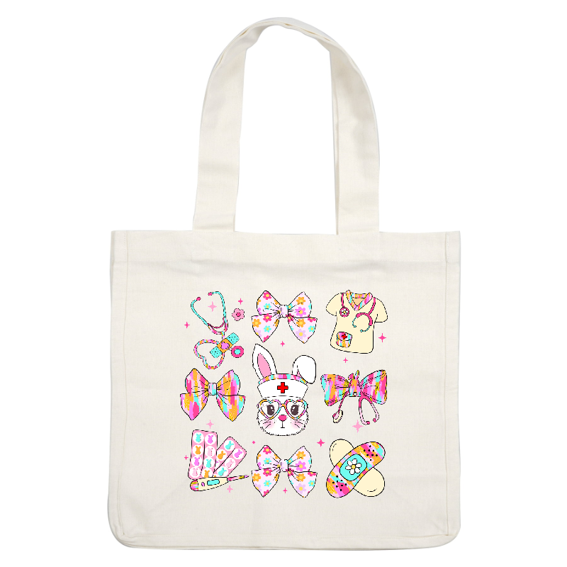 Cute and colorful nurse-themed designs featuring bows, a bunny, and medical tools!DTF Transfers
