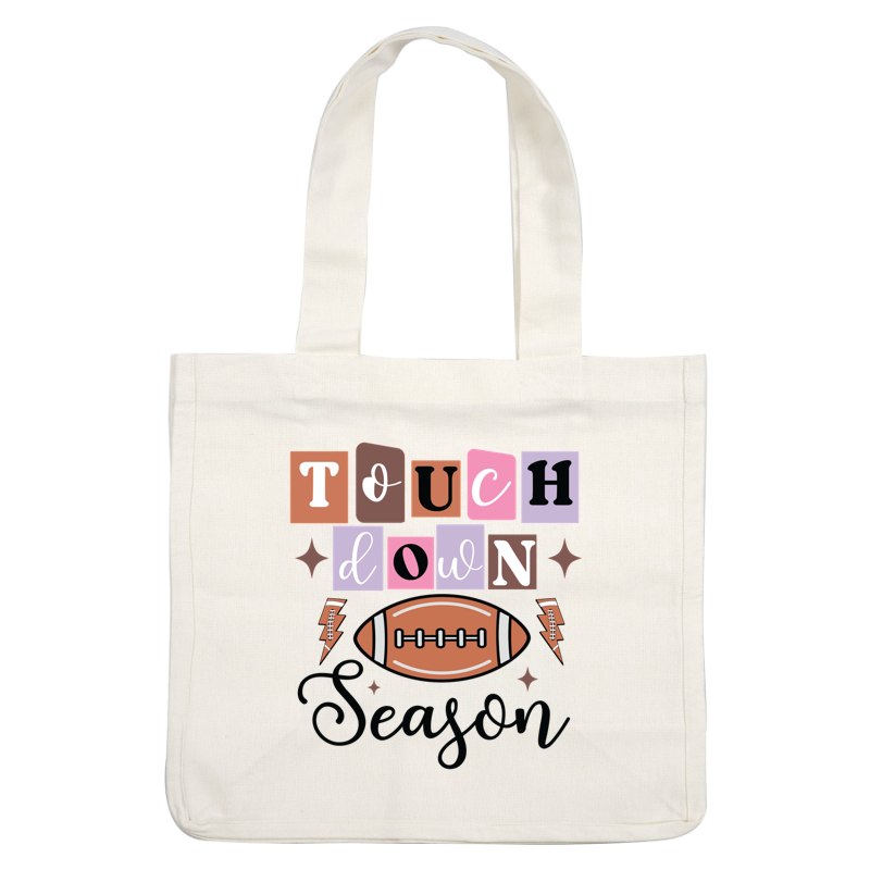 Celebrate the excitement of football with this vibrant "Touchdown Season" design featuring playful letters and a classic football illustration.dtf regular iron
