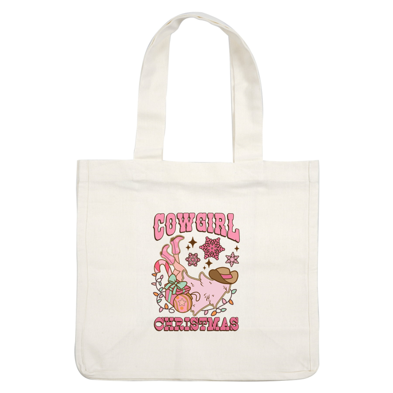 Celebrate the season with this playful "Cowgirl Christmas" design featuring festive elements like snowflakes, gifts, and pink cowboy boots! dtf prints