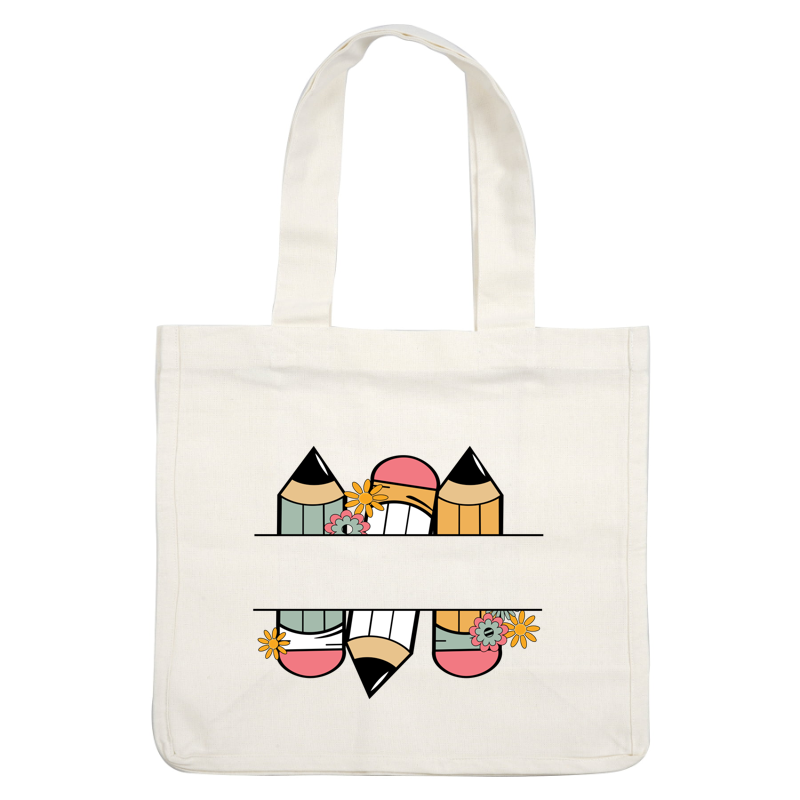 A vibrant, playful illustration featuring colorful pencil designs adorned with flowers, perfect for adding a whimsical touch to any project.DTF Transfers