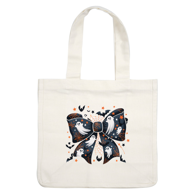 A festive Halloween bow featuring playful ghosts, spider webs, and bats against a dark background, perfect for seasonal decor. dtf transfers