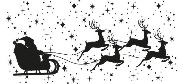 A festive scene featuring Santa's sleigh pulled by reindeer amidst falling snowflakes, capturing the spirit of Christmas magic.UV Transfers heat press transfers