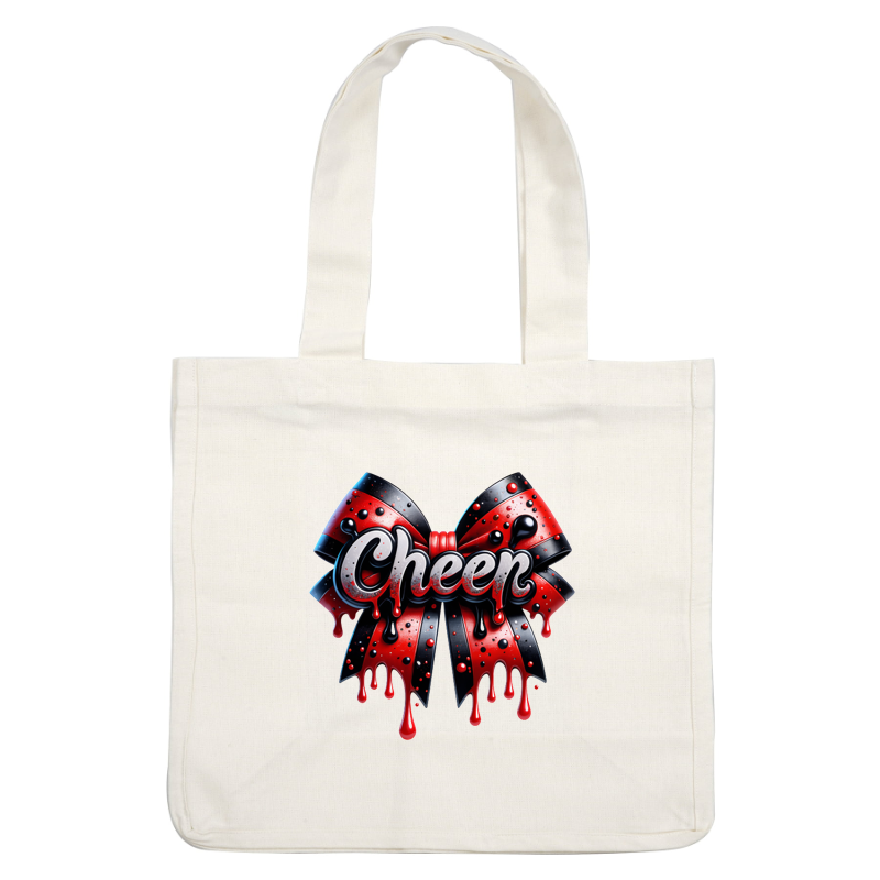 Un lazo negro y rojo vibrante con un texto "Cheer" divertido, con detalles brillantes y pintura goteando. Transferencias DTF