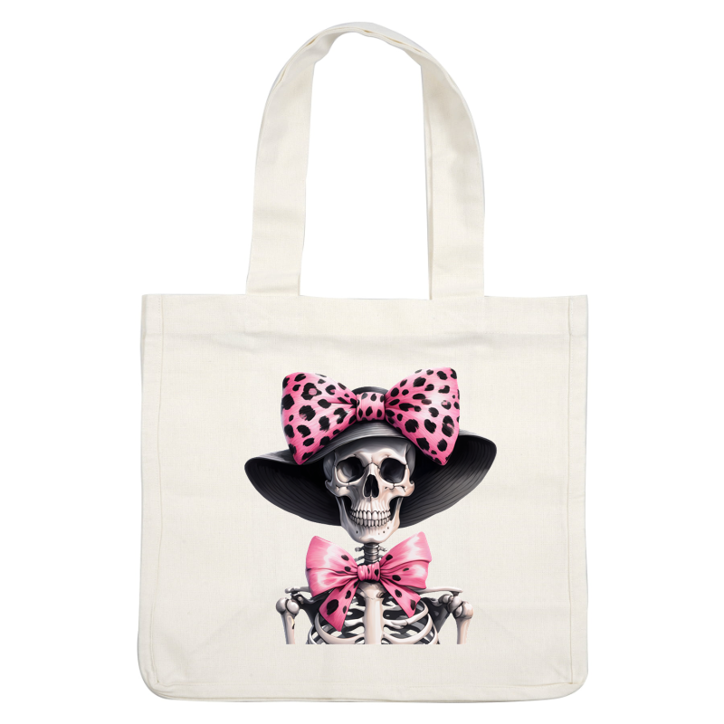 Un esqueleto juguetón que lleva un sombrero negro adornado con lazos de lunares rosados y negros, que combina humor y extravagancia.